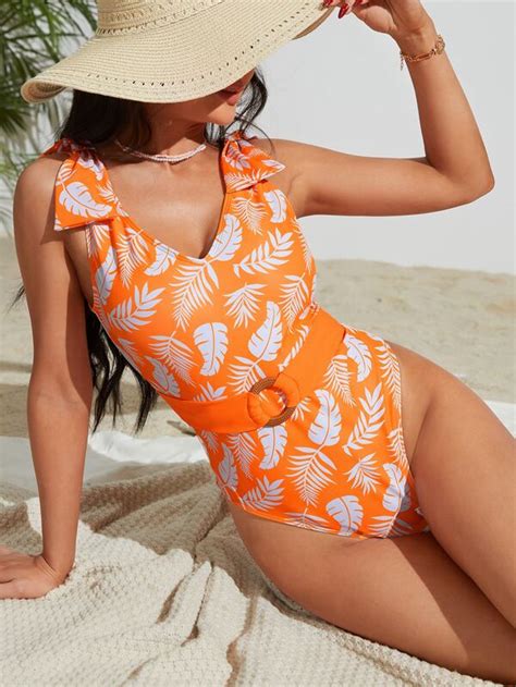 Tropical Print Belted One Piece Swimsuit Shein Usa