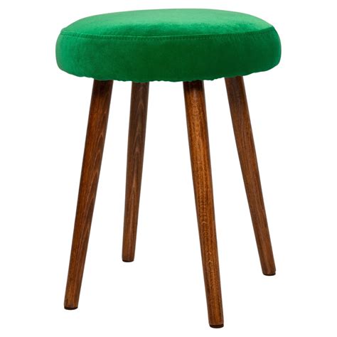 Mid Century Modern Round Stool With Light Green Velvet Upholstery