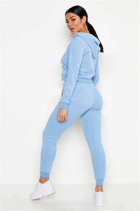 Womens Zip Through Crop Hooded Tracksuit Blue 8 Fashion Nova