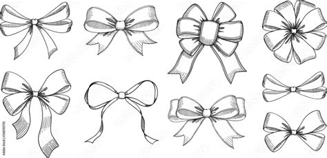 Set Of Sketched Bow And Ribbon Hand Drawn Vintage Line Art Vector