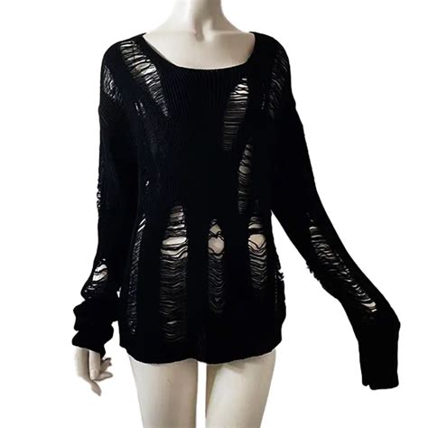 Women Dark Goth Split Hole Knit Sweaters Black Gothic Lady Hollow Out