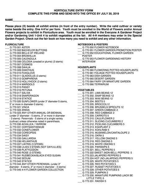 Fillable Online HORTICULTURE ENTRY FORM COMPLETE THIS FORM AND Fax