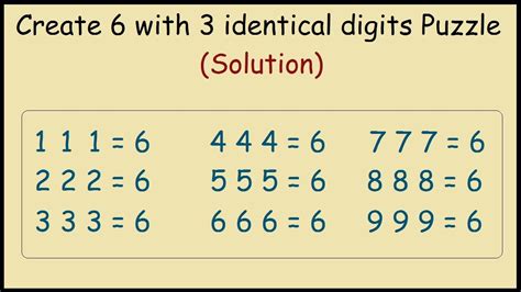 Make 6 With 3 Identical Digits Number Puzzle Solution Youtube