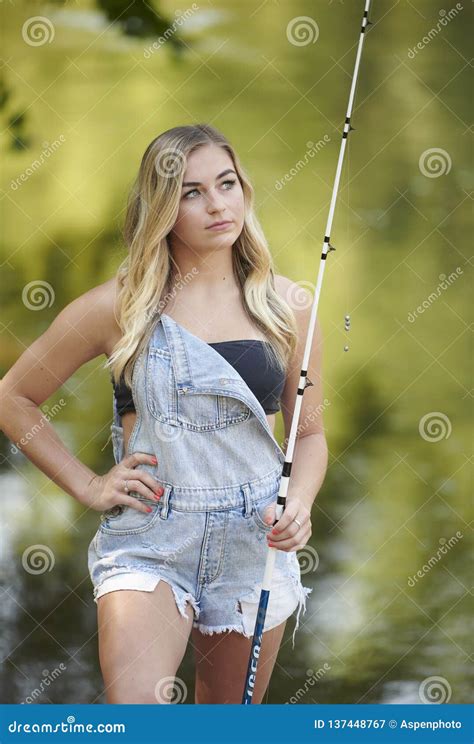 Beautiful Blonde Woman Gone Fishing Stock Image Image Of Water Green