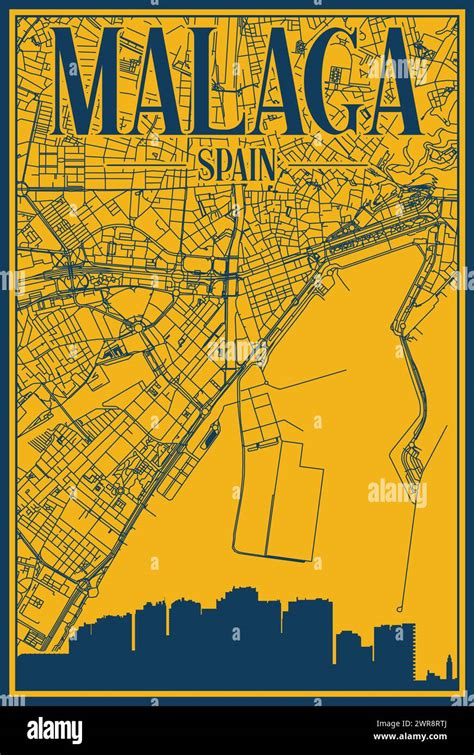 Hand Drawn City Road Network And Skyline Poster Of The Downtown Malaga