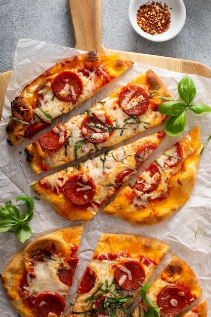 Premium Photo Flatbread Pepperoni Pizza With Basil