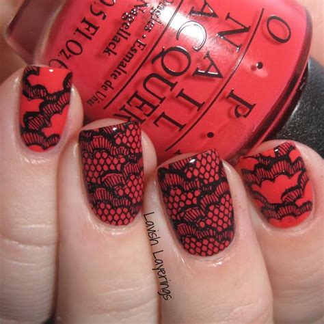 Red Black Lace Stamping Nail Design