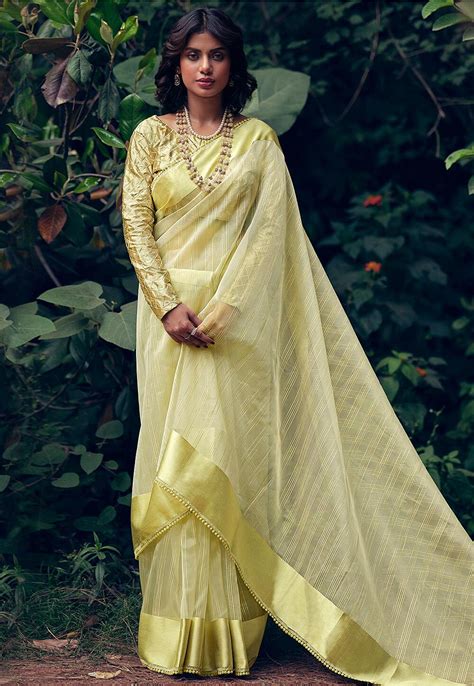 Buy Woven Organza Saree In Light Yellow Online Syla669 Utsav Fashion