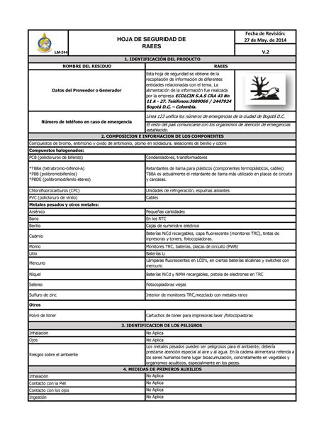 Msds Raees Hoja De Seguridad Lm Hoja De Seguridad De Raees Fecha