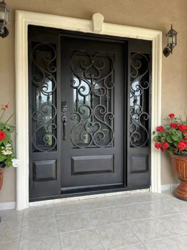 Single Panel Wrought Iron Front Entry Door With Both Sidelights Wrought Iron Door