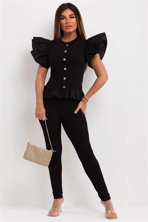 Ruffle Frill Gold Button Co Ord Set Black Uk