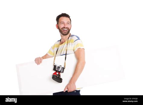 Portrait Of Laughing Mature Photographer With Blank Poster Over White Background Stock Photo Alamy