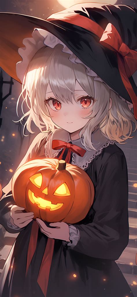 Cute Anime Girl With Jack O Lantern Halloween Wallpapers Iphone