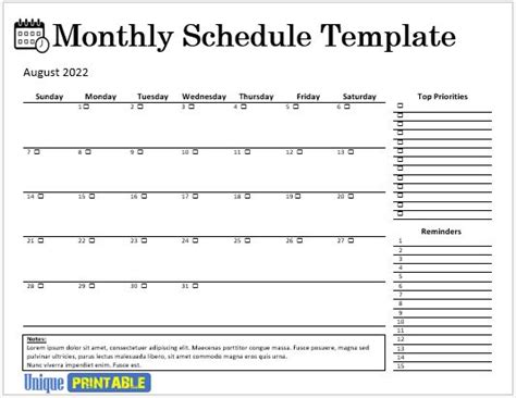 10+ Free Monthly Schedule Templates - Free Unique Printable Templates