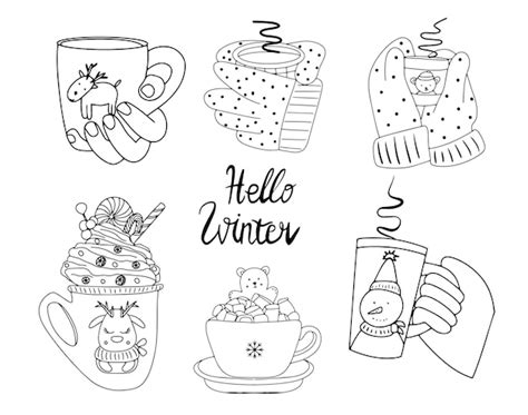 Conjunto De Doodle Vector Mano Sujetando Taza Con Ciervo Acogedor Frase