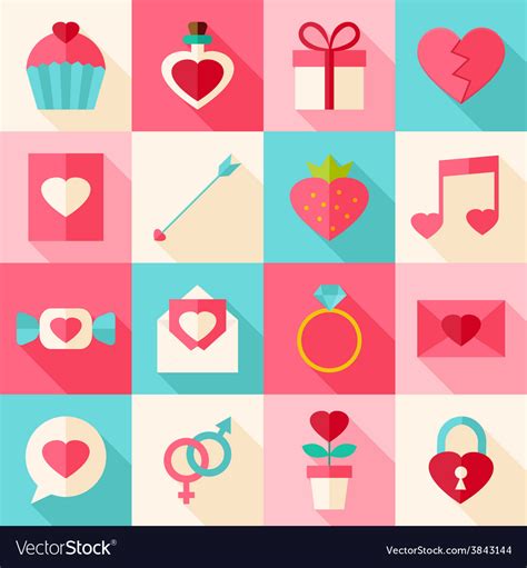 Valentine Day Flat Icon Set With Long Shadow Vector Image