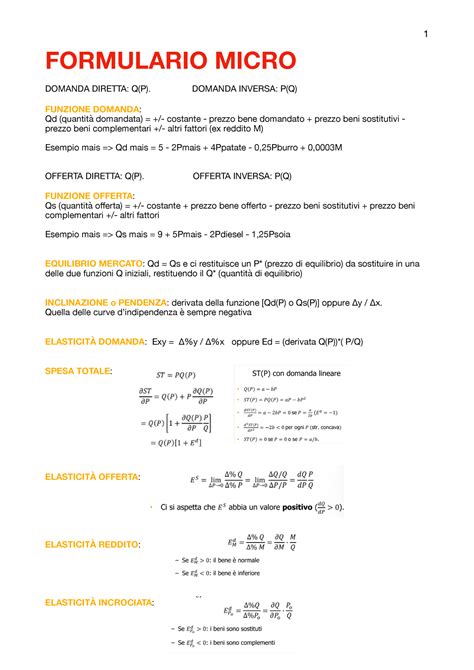 Formule Microeconomia Formulario Micro Domanda Diretta Q P Domanda