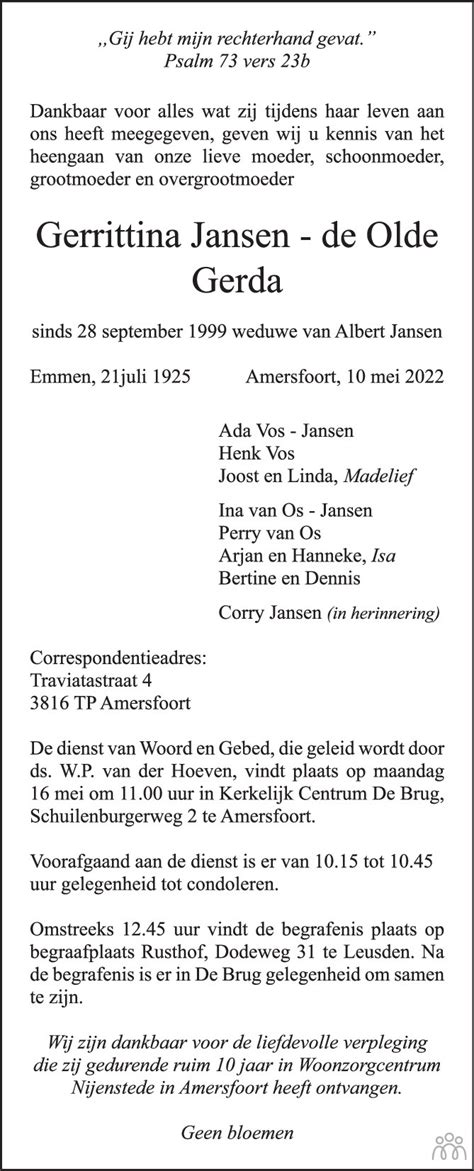 Gerrittina Gerda Jansen De Olde Overlijdensbericht En