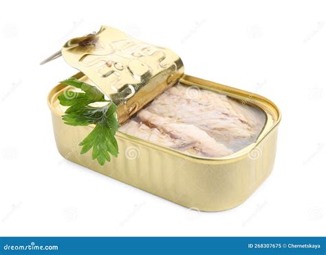 Open Tin Can With Mackerel Fillets And Parsley On White Background