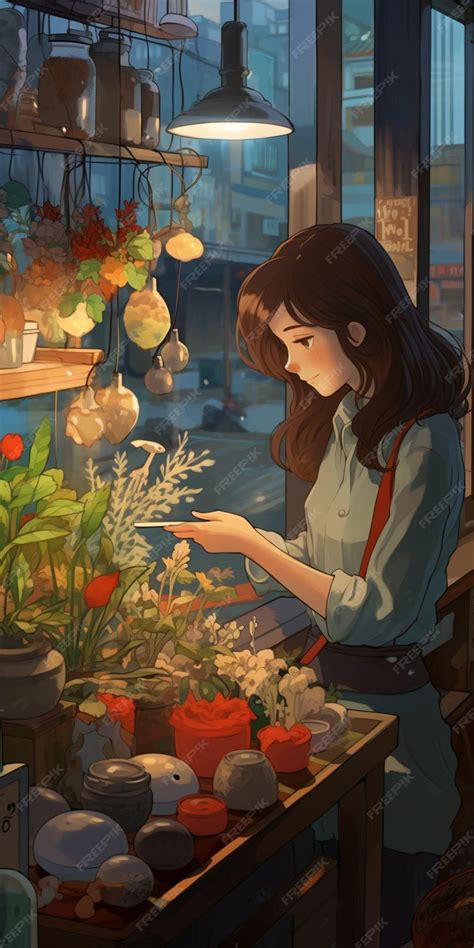 Premium AI Image | anime girl looking at plants in a flower shop ...