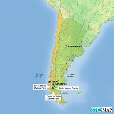 StepMap Exploring Patagonia with route Landkarte für Argentina