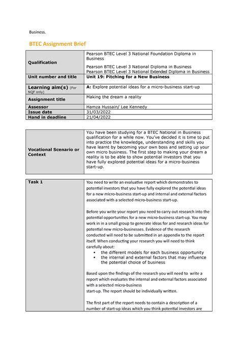 Business 1 Lvl 3 Business BTEC Assignment Brief Qualification