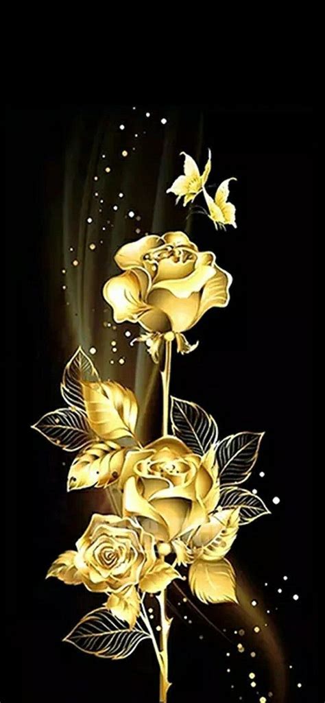 Gold Roses On A Black Background With Butterflies