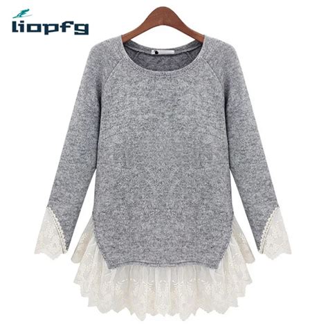 2017 Autumn And Winter New Women Sweater Fashion Lace Stitching Long