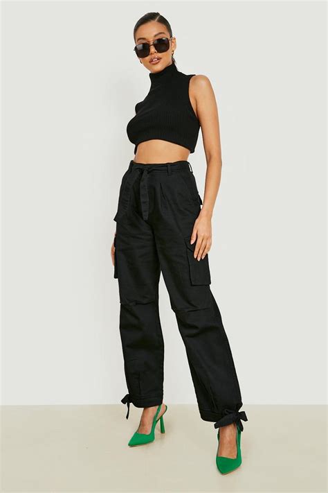 Belted Cargo Tie Hem Trousers Boohoo Uk