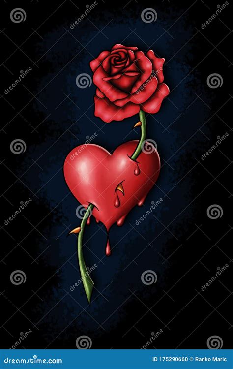 Red Rose Piercing A Bleeding Heart Tattoo Stock Illustration