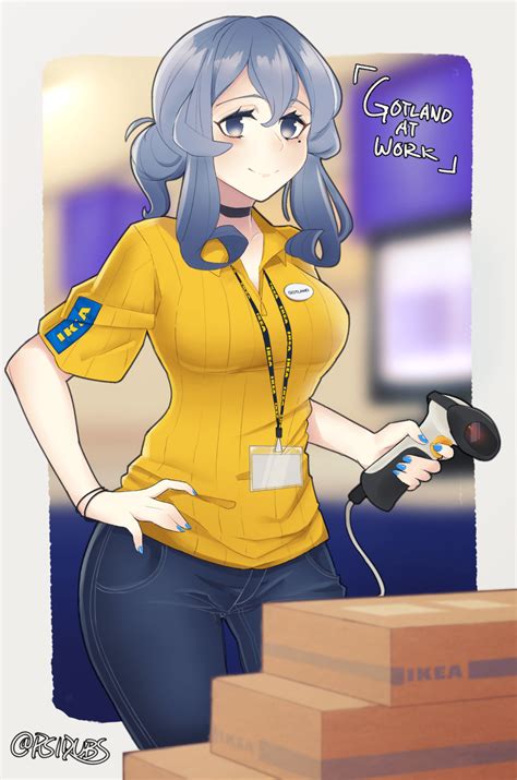 Safebooru 1girl Alternate Costume Artist Name Barcode Scanner Blue Eyes Blue Hair Blurry