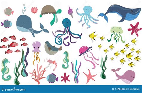 Vector Sea Life Set Under Water Under Sea Ocean Life Stock Vector