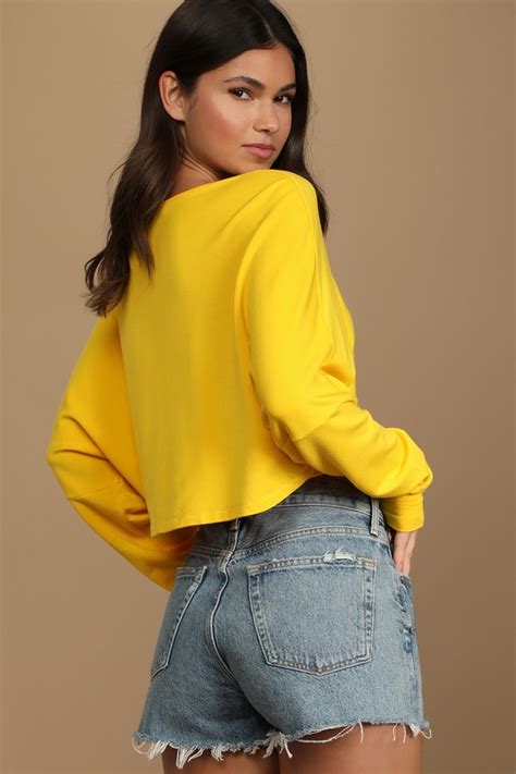 Bright Yellow Top Long Sleeve Tee Cropped Dolman Top Lulus