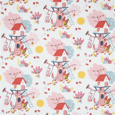 Tissu Cretonne Coton Alice Motifs Cabanes Fleurs Et Lapins Rose