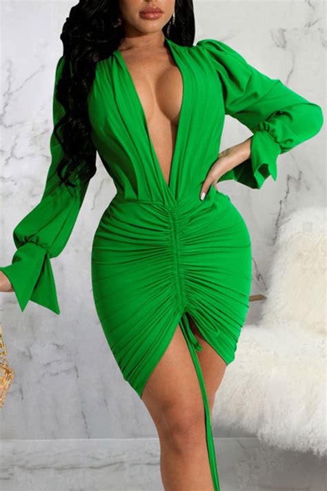 Wholesale Green Sexy Solid Patchwork Draw String Fold V Neck Pencil Skirt Dresses K64332 2 Online