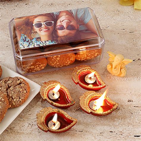 Buy Send Personalised Honey Oats Cookie Box With Diyas Beige