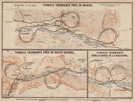 1909 map of the Gotthard Railway loop tunnels in the Alps of southern Switzerland [1490 x 1125 ...