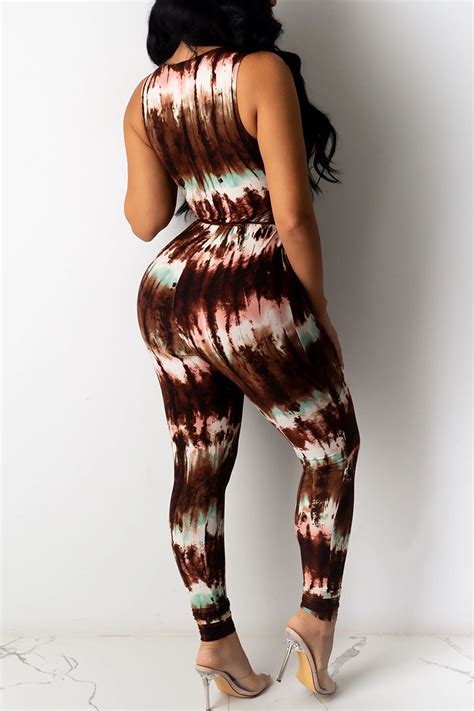 Wholesale Purple Sexy Print Tie Dye Hollowed Out Patchwork Frenulum V Neck Skinny Jumpsuits