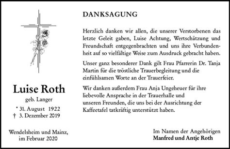 Traueranzeigen Von Luise Roth Vrm Trauer De