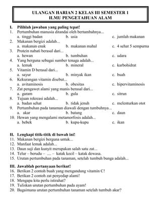 Ulangan Harian 2 Kelas III Semester 1 KTSP PDF