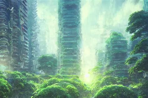 Futuristic City Lush Vegetation Humid Early Stable Diffusion Openart