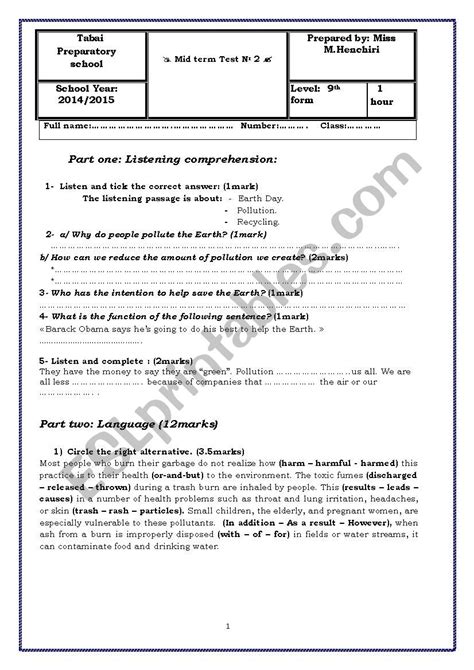 Th Form Mid Term Test Esl Worksheet By Monah