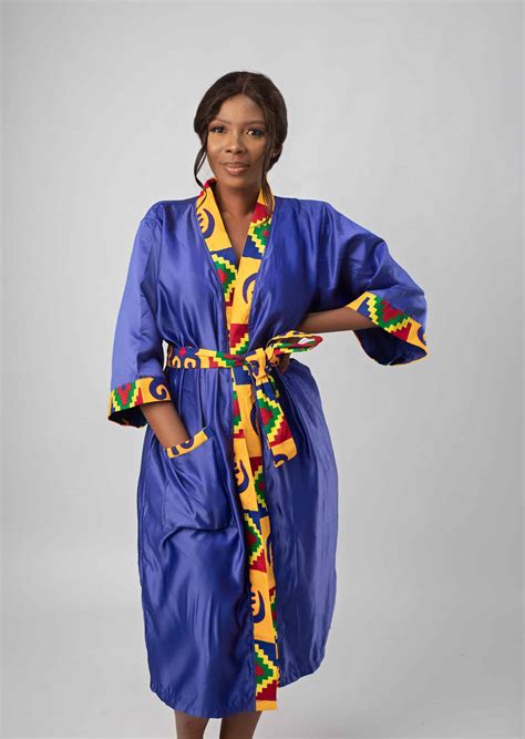 Blue And African Kente Print Satin Kimono Robe African Clothing Store