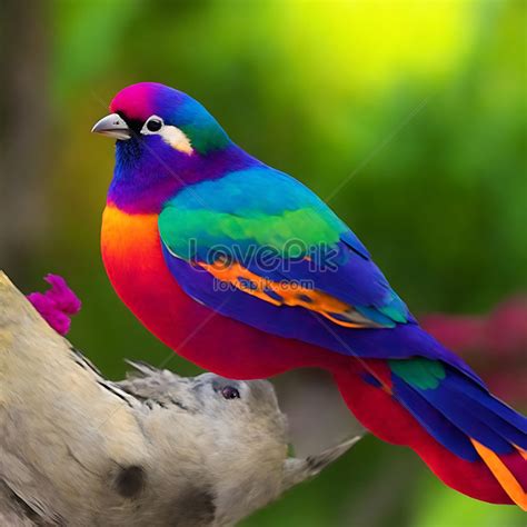 A Bird With Colorful Head And Colorful Feathers Is Sitting On A Branch ...