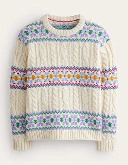 Fair Isle Pullover mit Zopfmuster Warmes Naturweiß Boden DE