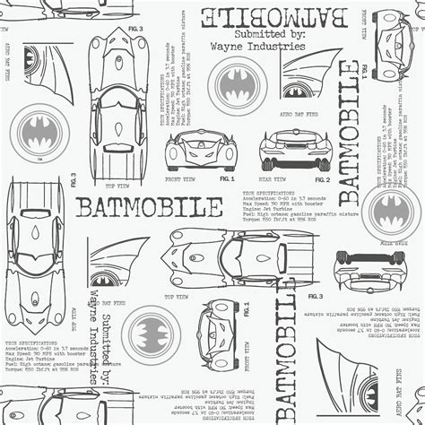 Roommates White And Grey Batmobile Blueprint Peel And Stick Wallpaper