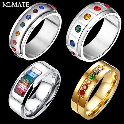 Mens Womens Gay Lesbian Pride Lesbian Stainless Steel Rainbow Crystal