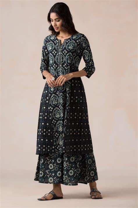 Buy Black Block Printed A Line Cotton Kurta For Women FGMK21 28