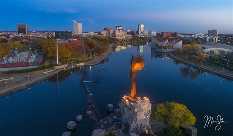 Aerial Autumn Sunset Over Wichita | The Keeper of the Plains, Wichita ...