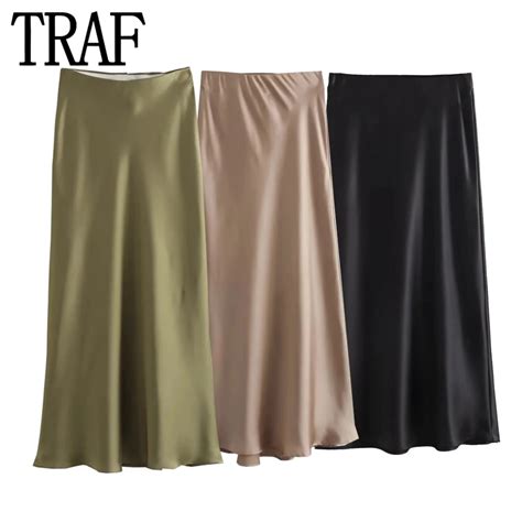 TRAF 2024 Woman Satin Skirt High Waist Midi Skirt Woman Fashion Stylish